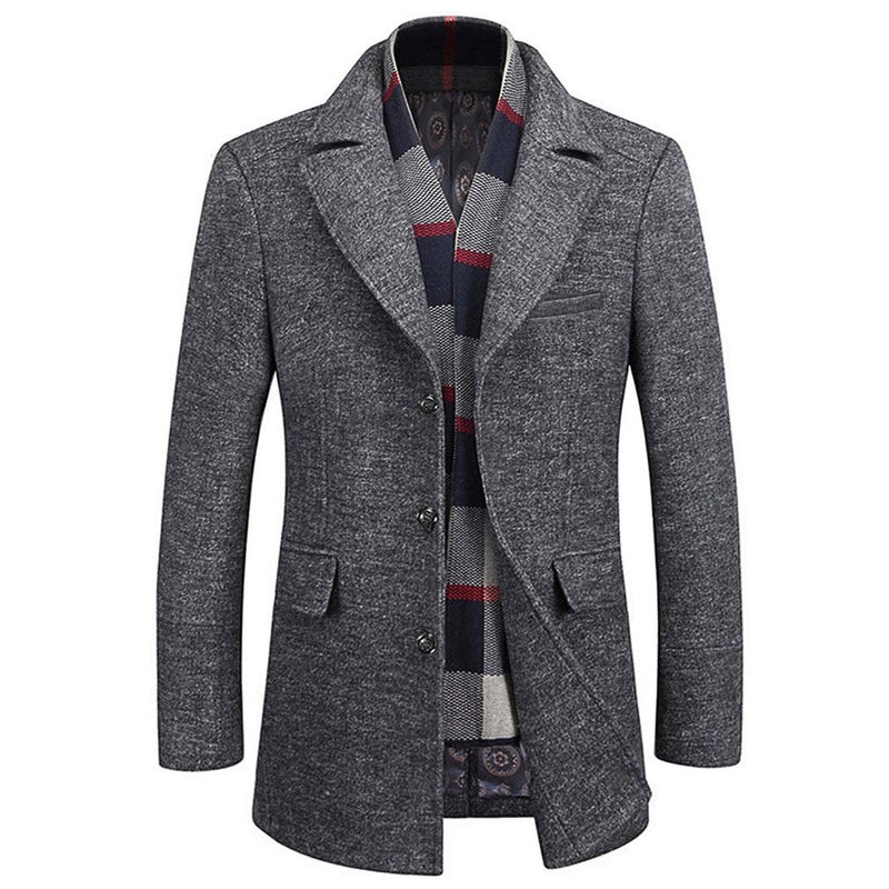 WULFUL Menâ€™s Wool Blend Winter Coat Slim Fit Short Trenchcoat Warm Business Jacket with Detachable Soft Wool Scarf - Image 1